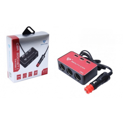 Разклонител Запалка 3-ка+USB - Червен